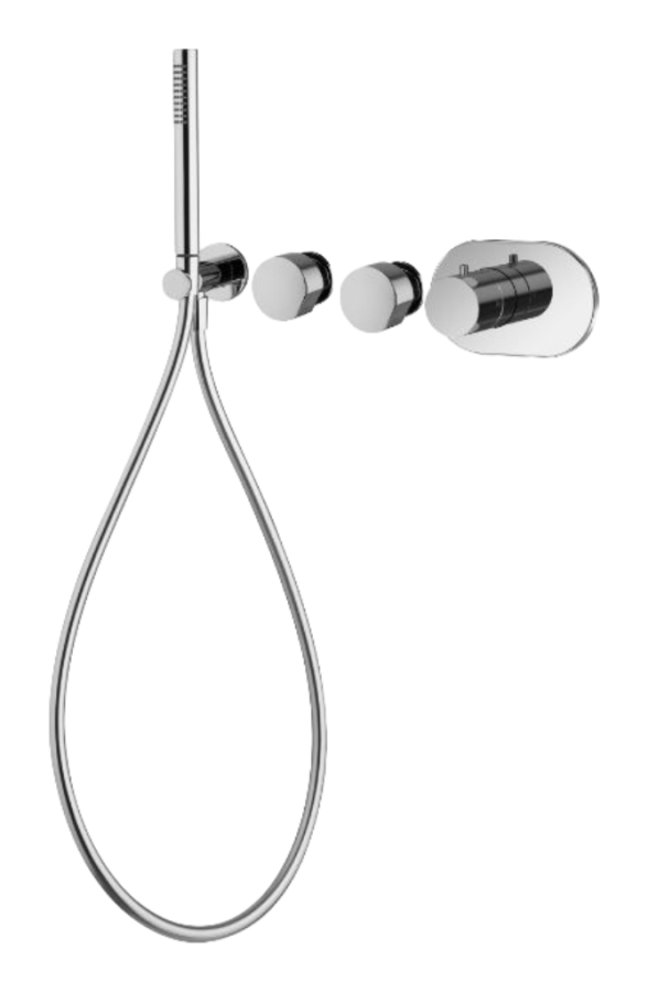 Термостат для ванны/душа Carlo Frattini SO, без ручек, на 2 потребителя, с гибким шлангом хромалюкс 1500 мм, внешняя часть, цвет чёрный хром брашированный