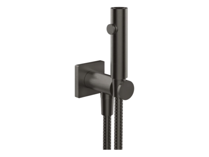 На изображении товар Гигиенический душ Gessi Rilievo, с лейкой, шлангом, шланговым подсоединением и держателем лейки, ширина 60 мм, цвет Black Metal Brushed PVD от официального представителя в Москве