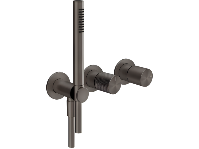 На изображении товар Смеситель для душа Gessi Habito Diamantato, встраиваемый, ручной душ, шланг 1500 мм, внешняя часть, цвет Black Metal Brushed PVD от официального представителя в Москве