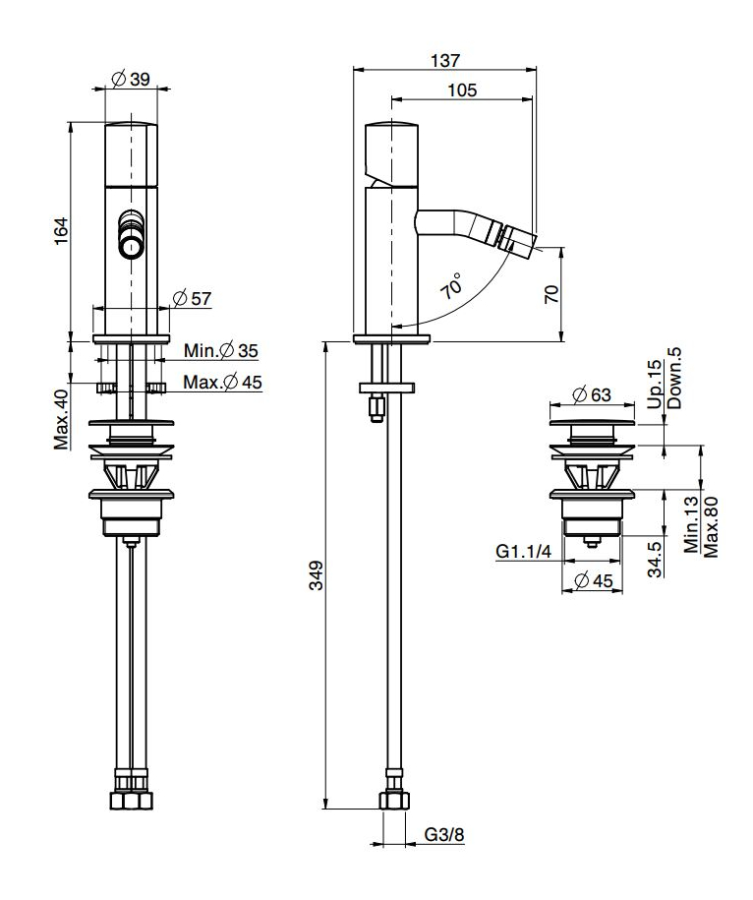 Смеситель для биде Carlo Frattini SO, XS, с 2 гибкими шлангами, донным клапаном Click-Clack 1"1/4, без ручек, L-137 мм, цвет никель брашированный - изображение 3