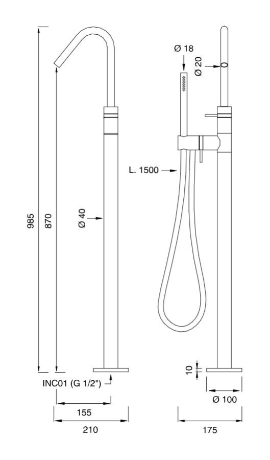 Смеситель для ванны Cea Design Gradi, отдельностоящий, H. 985 мм, поворотный излив, ручной душ Ø 18 мм, шланг Silk Grey, цвет сатин нержавеющая сталь - изображение 2