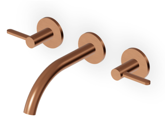 На изображении товар Смеситель для раковины Zucchetti Isy22, двухрычажный, без донного клапана, на 3 отверстия, длина излива 175 мм, внешняя часть, цвет Brushed Copper PVD от официального представителя в Москве