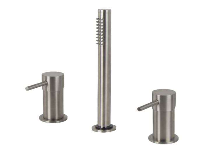 На изображении товар Смеситель для ванны Carlo Frattini Spillo Steel, на борт, без излива, с вытяжным ручным душем, гибким нейлоновым шлангом 1500 мм, цвет нержавеющая сталь от официального представителя в Москве