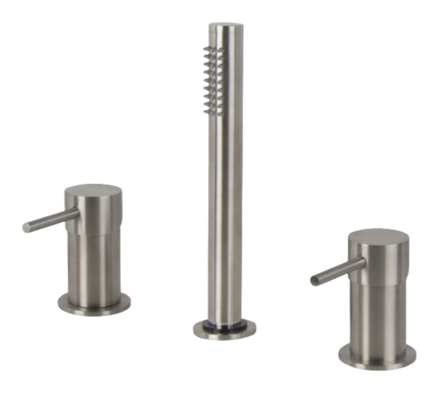 Смеситель для ванны Carlo Frattini Spillo Steel, на борт, без излива, с вытяжным ручным душем, гибким нейлоновым шлангом 1500 мм, цвет нержавеющая сталь