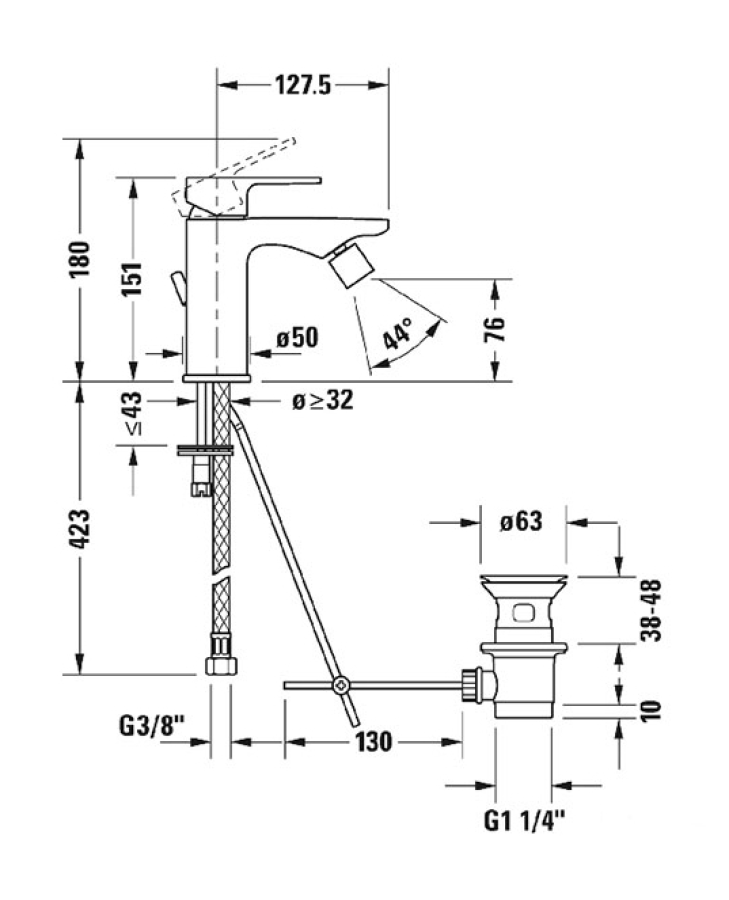 Cмеситель для биде Duravit B.3 однорычажный, h-151 мм, с донным клапаном, цвет хром - изображение 1