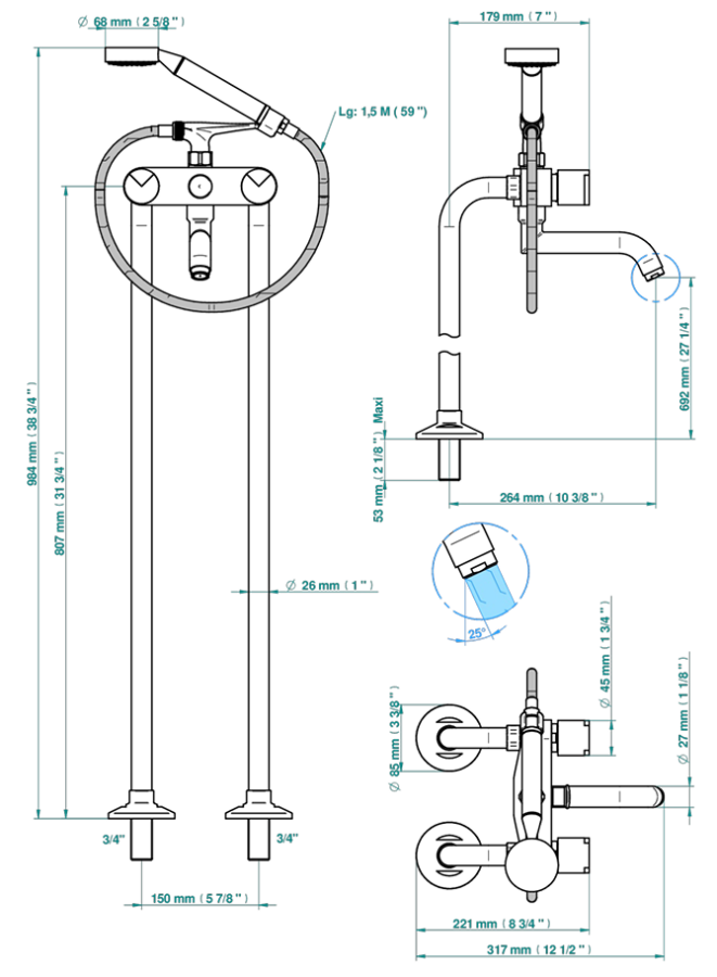 Смеситель THG Le 9 Howlite, для ванны, напольный, двухрычажный, с ручным душем со шлангом, цвет хром - изображение 2