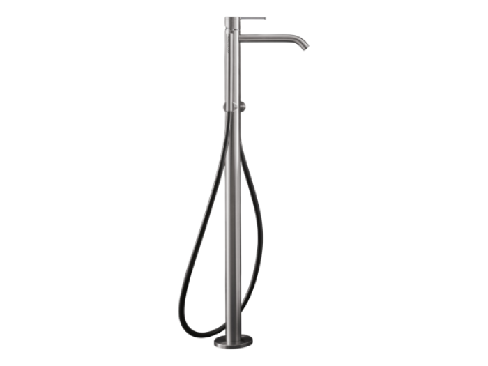 На изображении товар Смеситель для ванны CeaDesign Innovo, напольный, H. 855 мм, с ручным душем, шланг в стальной оплётке, внешняя часть, цвет сатинированная сталь от официального представителя в Москве