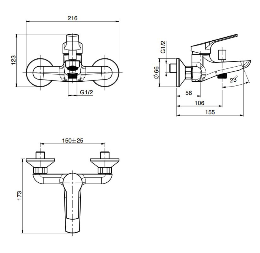 Смеситель для ванны Carlo Frattini Serie 4, без душевого комплекта, с переключателем, 2 подвода воды 1/2" с эксцентриком, Н-123 мм, цвет хром - изображение 1