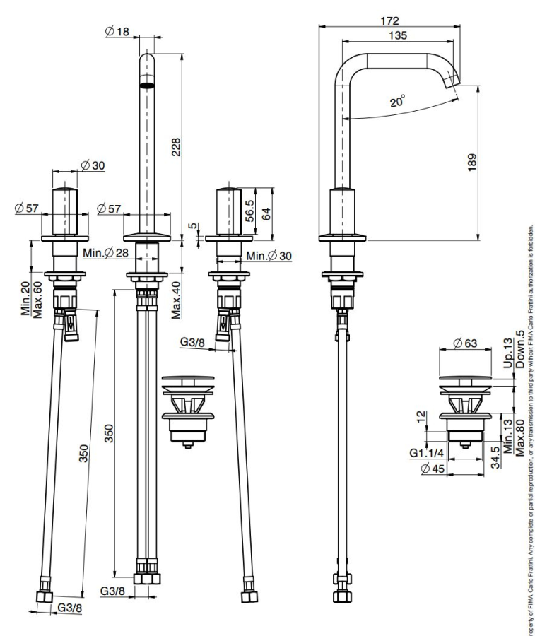 Смеситель для раковины Carlo Frattini SO, без ручек, с донным клапаном Click-Clack, вращающимся изливом Ø18 мм, 2 гибкими шлангами, Н-228 мм, цвет золото - изображение 3