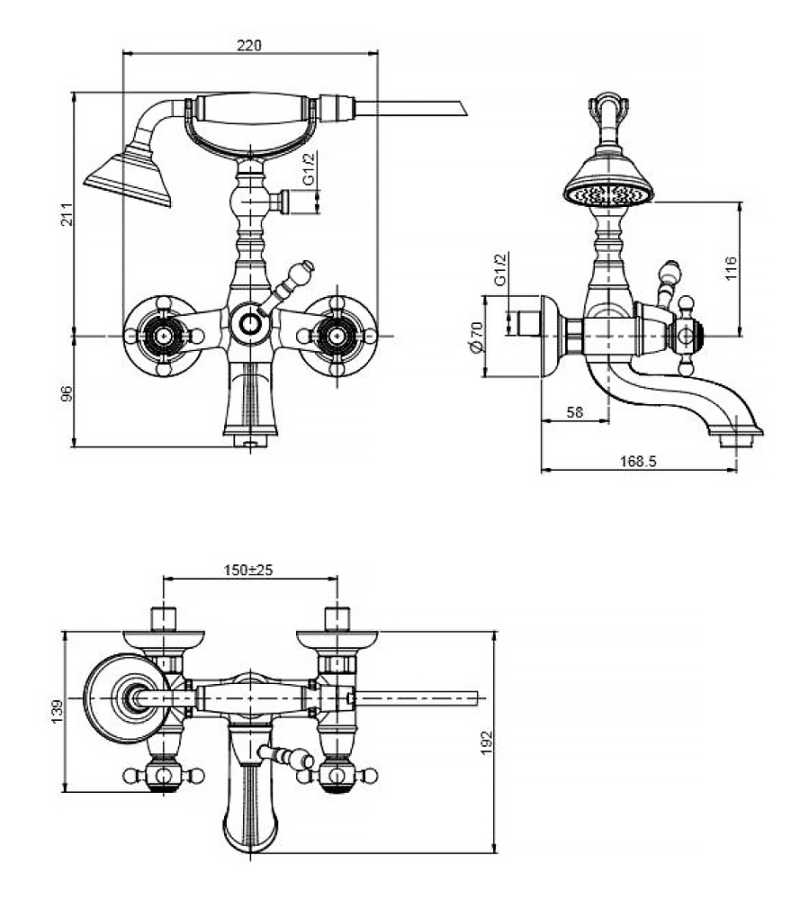 Смеситель для ванны Carlo Frattini Elizabeth/Epoque настенного монтажа с ручным душем, цвет бронза - изображение 1