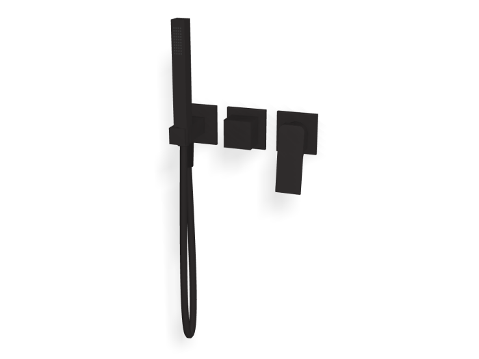 На изображении товар Смеситель Carlo Frattini Fit, на 2 потребителя, с ручным душем, держателем, гибким шлангом хромалюкс 1500 мм, внешняя часть, цвет чёрный матовый от официального представителя в Москве