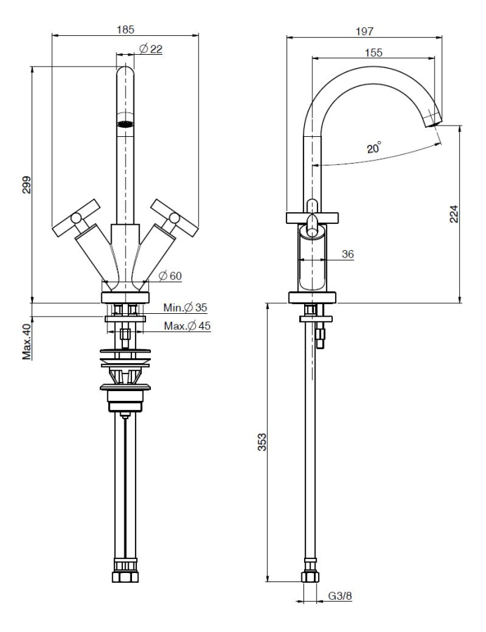 Смеситель для раковины Carlo Frattini Maxima, с вращающимся изливом, 2 гибкими шлангами, без донного клапана, L-197 мм, цвет хром - изображение 1