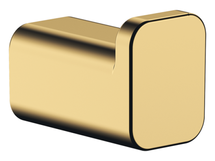 На изображении товар Крючок Hansgrohe AddStoris Q, одинарный, настенный, скрытое крепление, цвет Polished Gold Optic от официального представителя в Москве