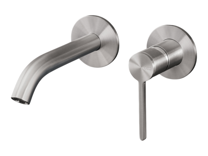 На изображении товар Смеситель для раковины CeaDesign Innovo, настенный, однорычажный, на 2 отверстия, излив L-155 мм, внешняя часть, сталь, цвет сатинированная сталь от официального представителя в Москве