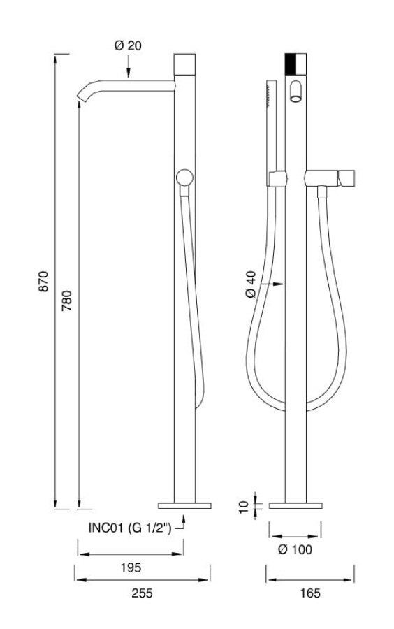 Cмеситель для ванны CeaDesign Duet, напольный, ручной душ, шланг в цвете White, H. 870 мм, внешняя часть, сталь, цвет сатинированная сталь - изображение 2