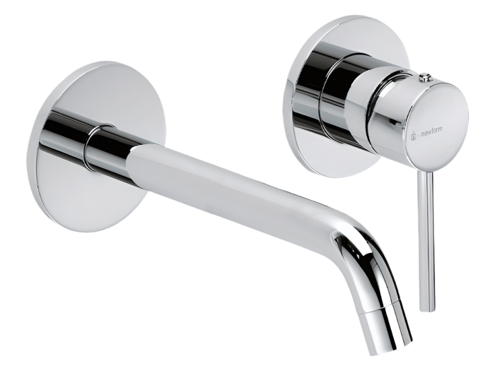 На изображении товар Смеситель для раковины Newform Xt, настенный, на 2 отверстия, вынос излива 238 мм, встраиваемый, внешняя часть, цвет хром от официального представителя в Москве