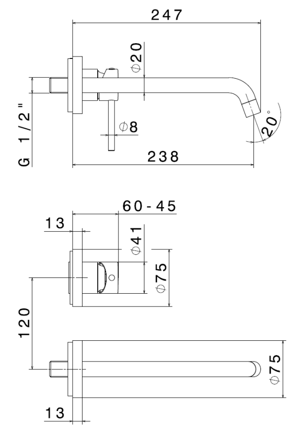 Смеситель для раковины Newform Xt, настенный, на 2 отверстия, вынос излива 238 мм, встраиваемый, внешняя часть, цвет хром - изображение 1