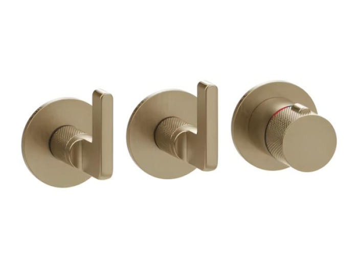 На изображении товар Термостат Gessi Inciso, встраиваемый, с 2 независимыми выходами, внешняя часть, цвет Warm Bronze Br. PVD от официального представителя в Москве