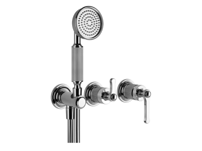 На изображении товар Смеситель Gessi Venti20, настенный, на 2 выхода с переключателем, выводом воды и держателем лейки, внешние части, цвет Chrome от официального представителя в Москве