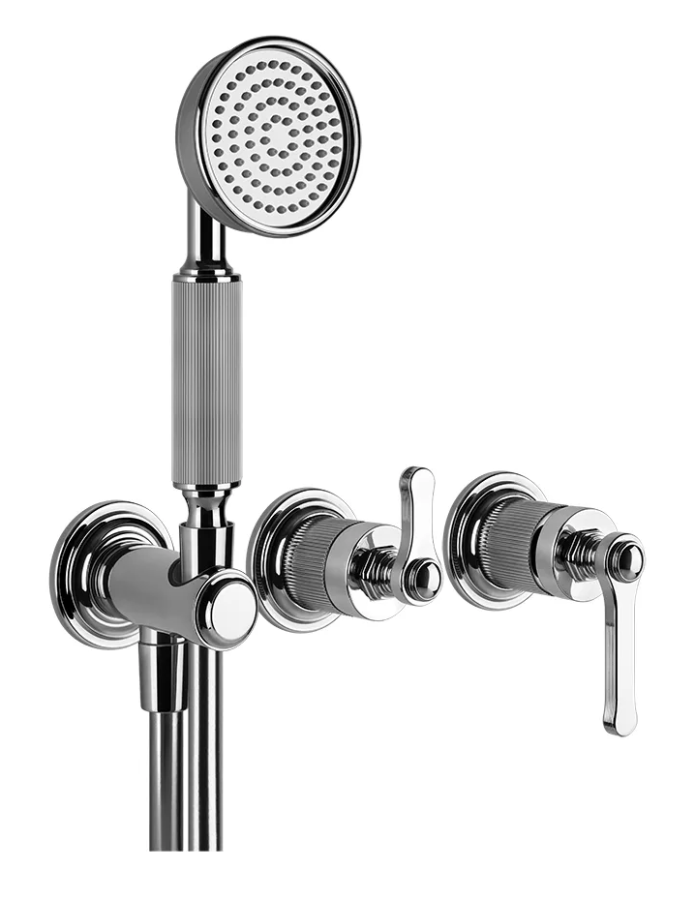 Смеситель Gessi Venti20, настенный, на 2 выхода с переключателем, выводом воды и держателем лейки, внешние части, цвет Chrome