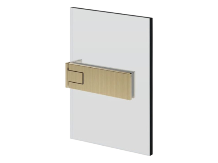 На изображении товар Петля стена-стекло Gessi Rigato, угол поворота 90 градусов, если вес двери больше 50 кг, использовать 3 петли, максимальная ширина створки 1000 мм, цвет Brushed Brass PVD от официального представителя в Москве