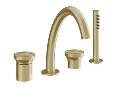 На изображении товар Смеситель для ванны Gessi Origini, на 4 отверстия, с переключателем, изливом, гибким шлангом и душевой лейкой, цвет Brass Brushed PVD от официального представителя в Москве