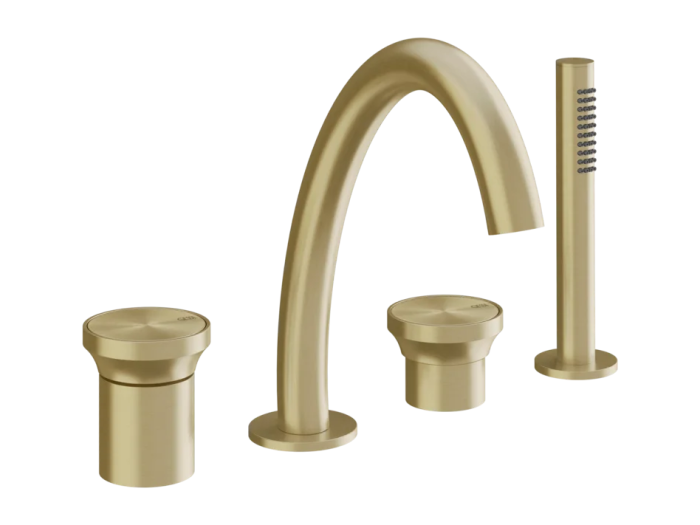 На изображении товар Смеситель для ванны Gessi Origini, на 4 отверстия, с переключателем, изливом, гибким шлангом и душевой лейкой, цвет Brass Brushed PVD от официального представителя в Москве