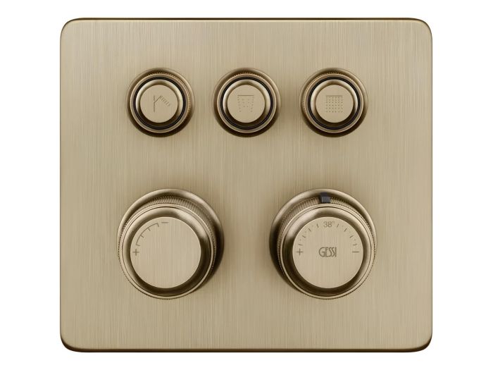 На изображении товар Термостат Gessi HI-FI, до 3-х функций одновременно, встраиваемый, внешняя часть, цвет Warm Bronze Br. PVD от официального представителя в Москве