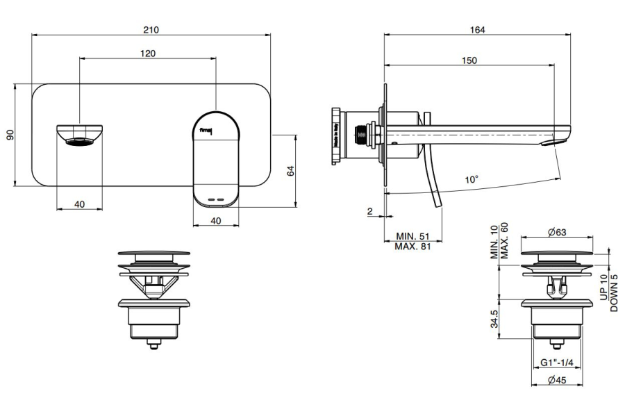 Смеситель для раковины Carlo Frattini Flo, настенный, с донным клапаном Click-Clack, L-164 мм, внешняя часть, цвет чёрный матовый - изображение 3