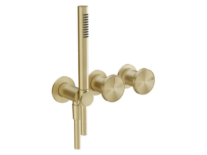 На изображении товар Смеситель Gessi Origini, настенный на 2 позиции, с переключателем, подводом воды, держателем лейки, внешние части, цвет Brushed Brass от официального представителя в Москве