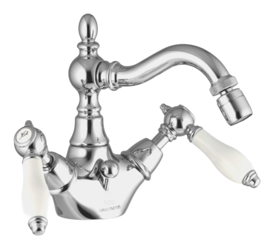 Смеситель на биде Carlo Frattini Herend, с вращающимся изливом, 2 гибкими шлангами, донным клапаном 1"1/4 с переливом, керамическими ручками, цвет бронза античная