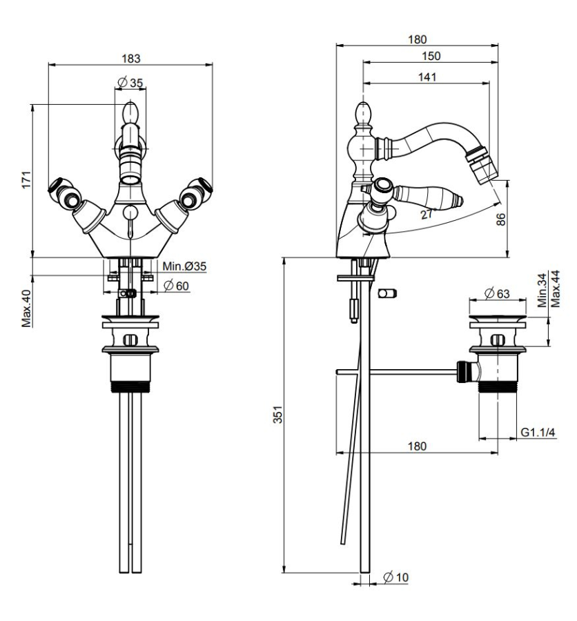 Смеситель на биде Carlo Frattini Herend, с вращающимся изливом, 2 гибкими шлангами, донным клапаном 1"1/4 с переливом, керамическими ручками, цвет бронза античная - изображение 1