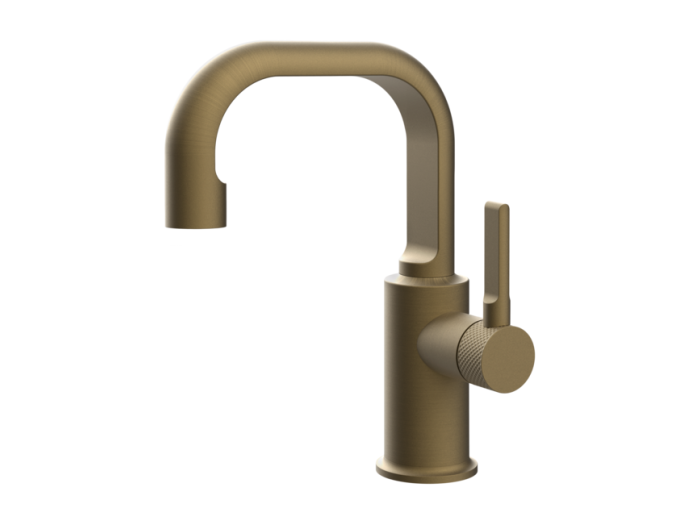 На изображении товар Cмеситель для раковины Gessi Inciso, h215 мм, без донного клапана, цвет Antique Brass от официального представителя в Москве