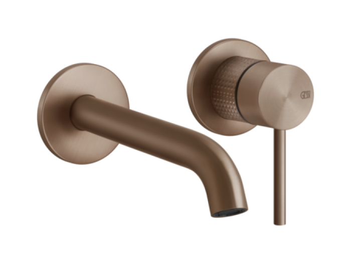 На изображении товар Смеситель для раковины Gessi 316, настенный, длинный излив, встраиваемый, цвет Copper Brushed PVD от официального представителя в Москве