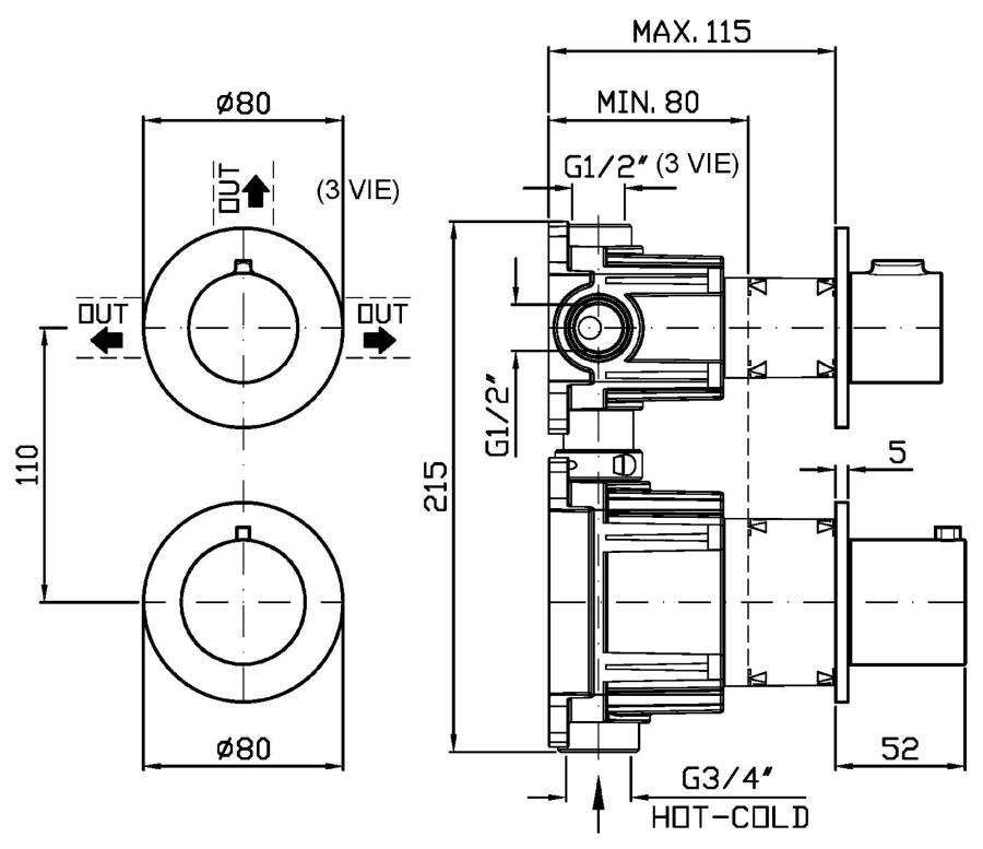 Термостат для душа Zucchetti Pan S, встраиваемый, с переключателем на 2 потребителя, вертикально/горизонтальная установка, цвет брашированная медь PVD - изображение 2