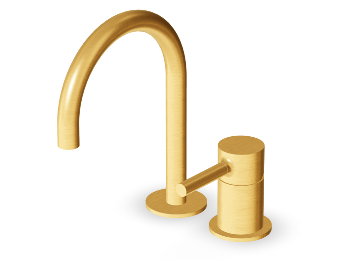 На изображении товар Смеситель для раковины Zucchetti Pan, на 2 отверстия, однорычажный, аэратор, поворотный излив, без донного клапана, гибкие шланги, цвет брашированное золото от официального представителя в Москве