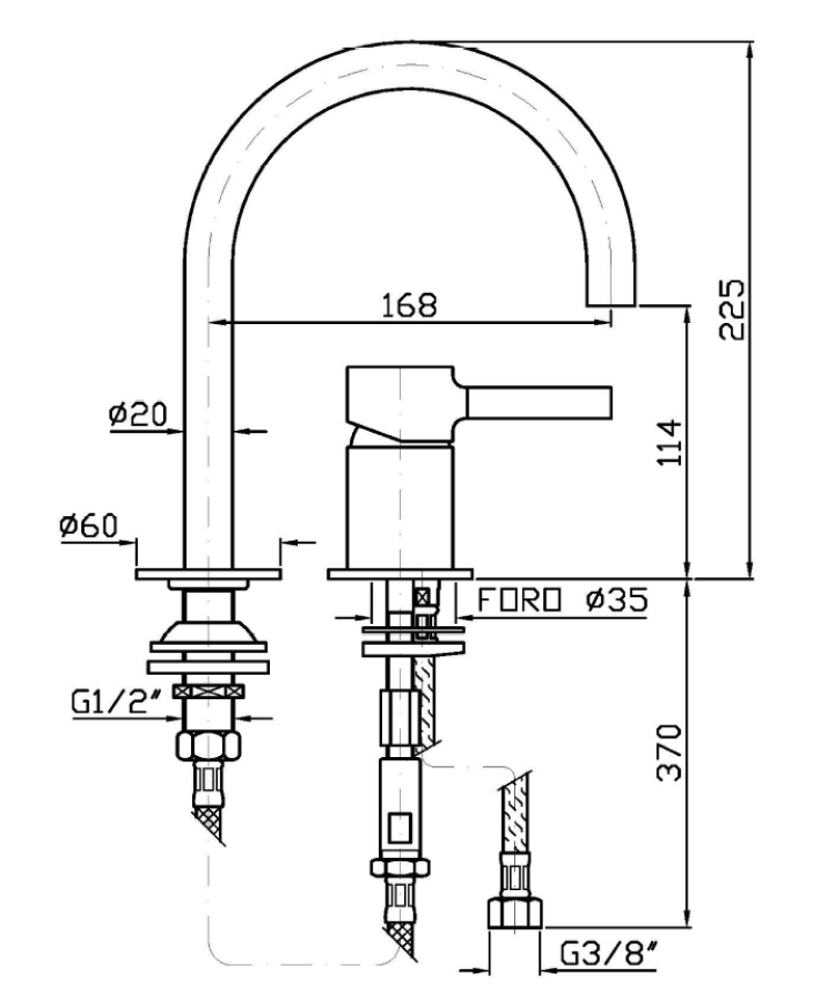 Смеситель для раковины Zucchetti Pan, на 2 отверстия, однорычажный, аэратор, поворотный излив, без донного клапана, гибкие шланги, цвет брашированное золото - изображение 1