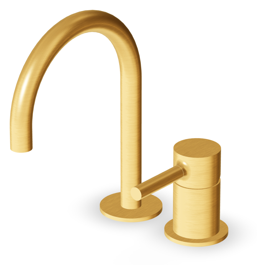 Смеситель для раковины Zucchetti Pan, на 2 отверстия, однорычажный, аэратор, поворотный излив, без донного клапана, гибкие шланги, цвет брашированное золото