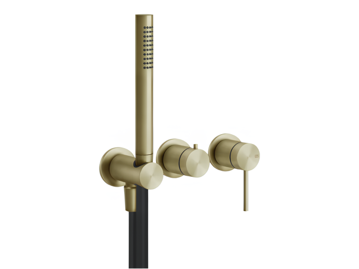 На изображении товар Cмеситель Gessi316, встраиваемый, с держателем душевой лейки, подводом воды, на 2 выхода с переключателем, внешние части, цвет Brass Brushed PVD от официального представителя в Москве