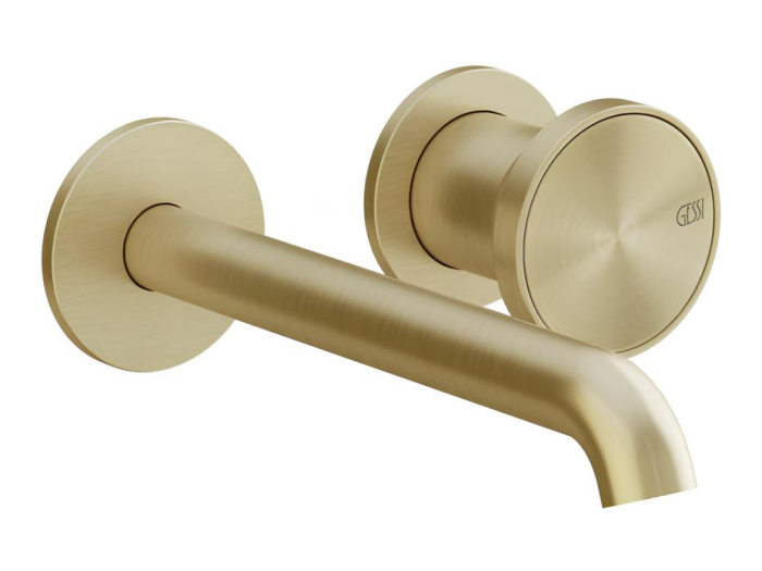 На изображении товар Смеситель для раковины Gessi Origini, настенный, со средним изливом, без донного клапана, цвет Brushed Brass PVD от официального представителя в Москве