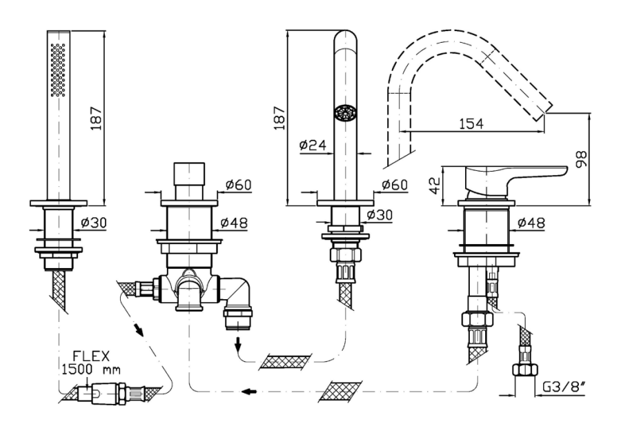 Смеситель на борт ванны Zucchetti Medameda, на 4 отверстия, с изливом и ручным душем со шлангом, цвет хром - изображение 2