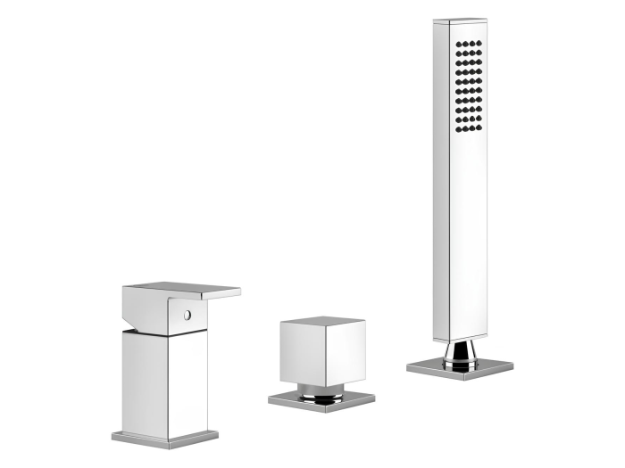 На изображении товар Смеситель для ванны Gessi Rettangolo, на 3 отверстия, с отводом и выдвижным ручным душем, цвет Chrome от официального представителя в Москве