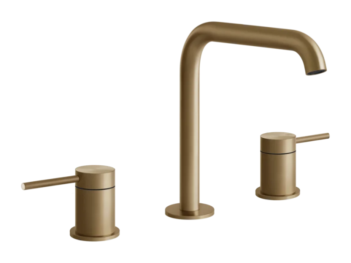 На изображении товар Смеситель для раковины Gessi316, на 3 отверстия, средний, без донного клапана, цвет Warm Bronze Brushed PVD от официального представителя в Москве