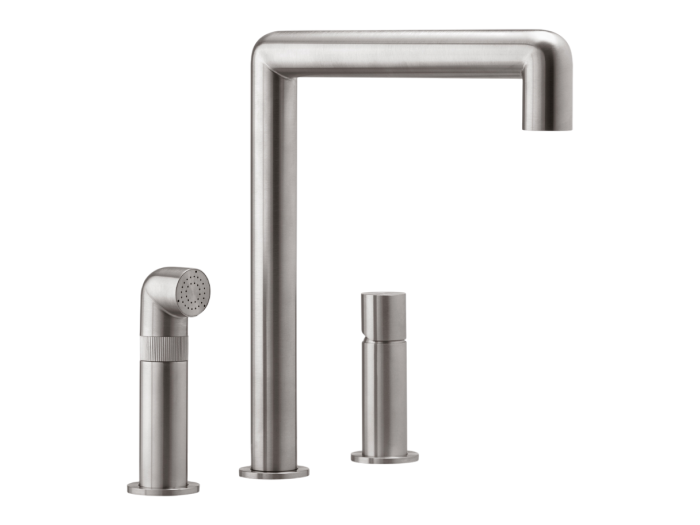На изображении товар Смеситель для кухни CeaDesign Cartesio, на 3 отверстия, поворотный излив, вытяжной душ с переключателем, сталь, цвет сатинированная сталь от официального представителя в Москве