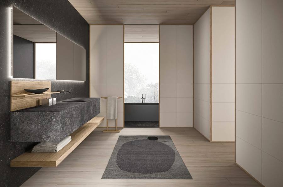 Комплект мебели для ванной комнаты Milldue Noorth Azuco 24.04, отделки: Rovere Mezza Fiamma 5185, мрамор Petit Granit - изображение 2