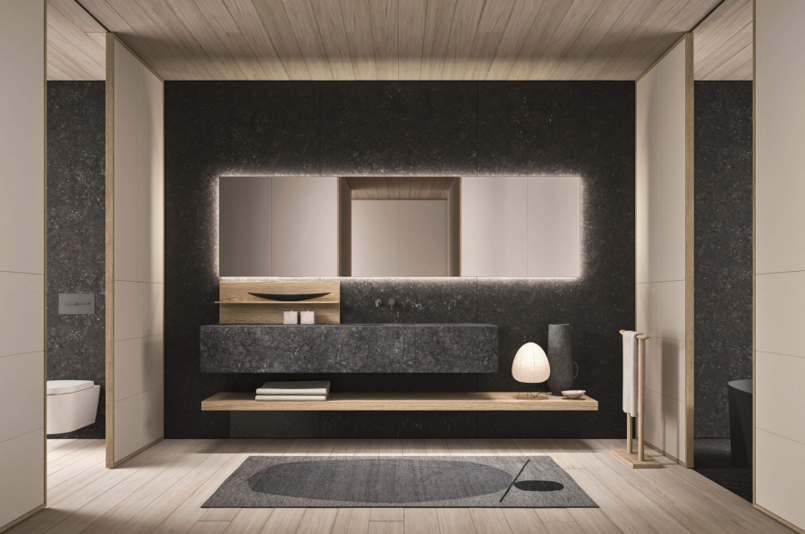 Комплект мебели для ванной комнаты Milldue Noorth Azuco 24.04, отделки: Rovere Mezza Fiamma 5185, мрамор Petit Granit
