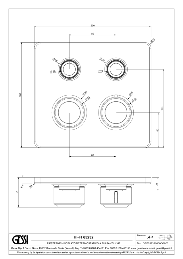 Термостат Gessi HI-FI Eclectic, встраиваемый, до 2 функций одновременно, с кнопками вкл/выкл, внешняя часть, цвет Brass PVD - изображение 1