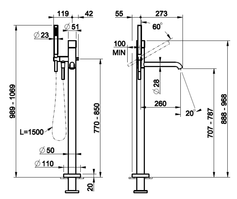 Смеситель для ванны Gessi Habito Cesello, напольный, излив 260 мм, ручной душ, шланг 1500 мм, внешняя часть, цвет Matte Black - изображение 1