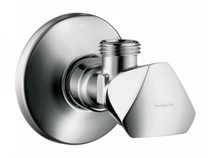 На изображении товар Запорный вентиль угловой Hansgrohe, для подключения смесителя, ⅜, цвет хром от официального представителя в Москве