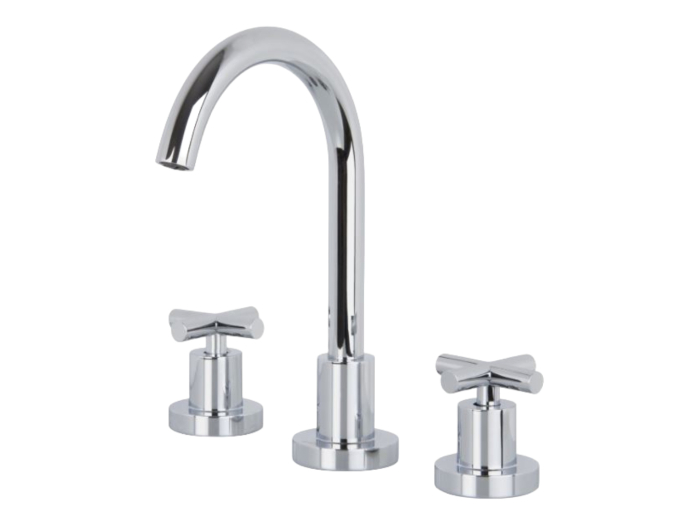 На изображении товар Смеситель для раковины Carlo Frattini Maxima, двухвентильный, с вращающимся изливом, 2 гибкими шлангами, донным клапаном 1"1/4, цвет брашированная шампань от официального представителя в Москве